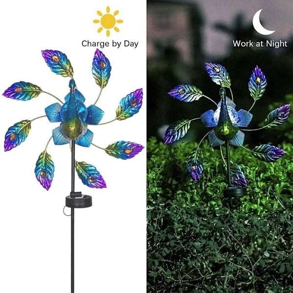 Påfugl Lys Sol Vind Spinner, Farverig LED Energi Vind Spinner, Udendørs Terrasse Plæne Sti Ornament