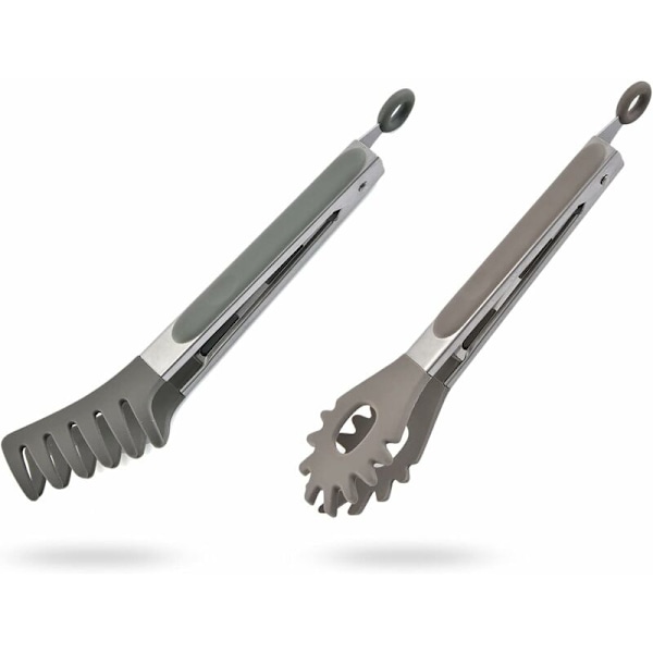 Pastatenger, 2 stk BBQ-tengersett, rustfritt stål, varmebestandig temperatur, spagettiskje, servieringsskje (grå) HIASDFLS