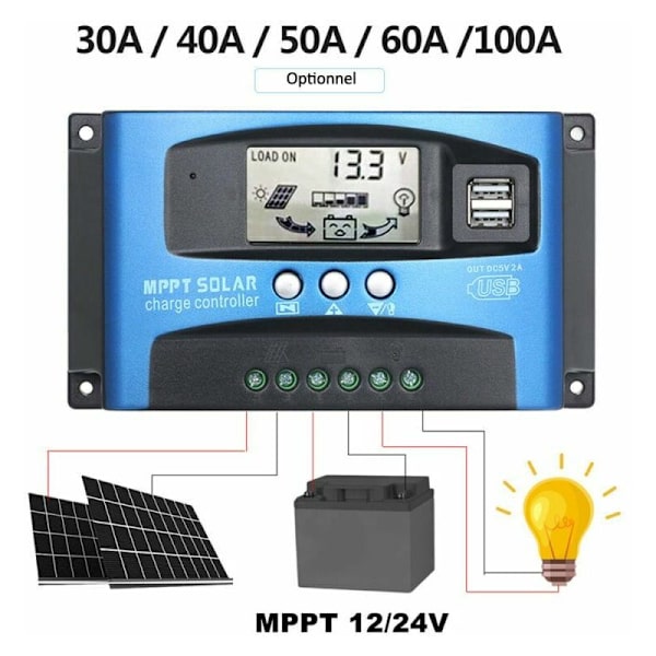 12V/24V Älykäs akku MPPT Aurinkopaneelin säädin Lataussäädin kaksois 5V USB-porteilla LCD-näyttö, Ylikuormitussuoja, 30A - 30A