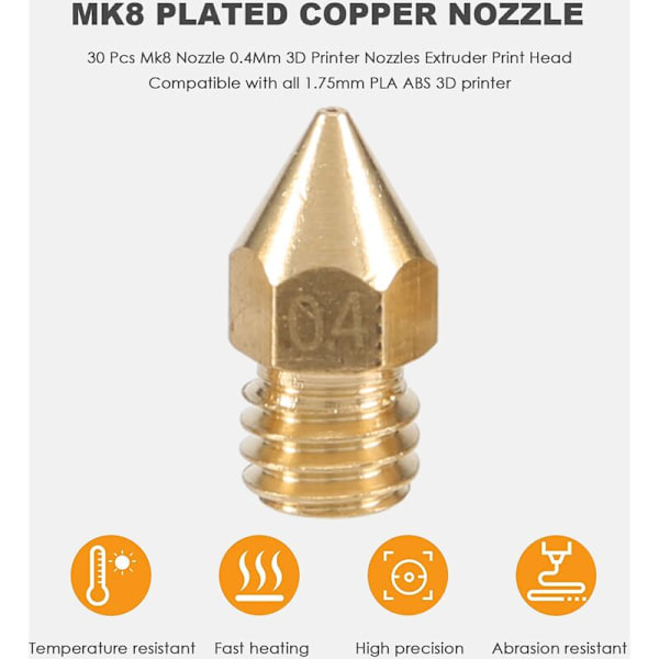 30 st Mk8-munstycke 0,4 mm 3D-skrivarmunstycke Extruder-skrivhuvud för 3D-skrivare -10 (plastlåda 1 st)