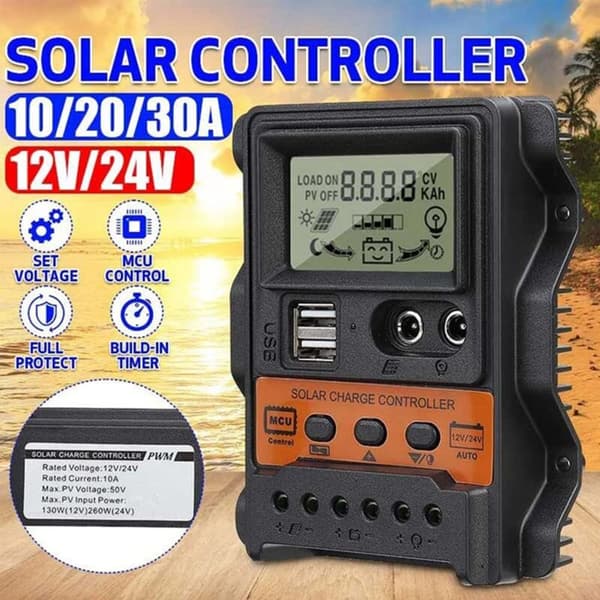 30A Solcellelader 12V24V Solpanel Batterilader Auto Regulator 2 USB LCD Display Lade Utlader