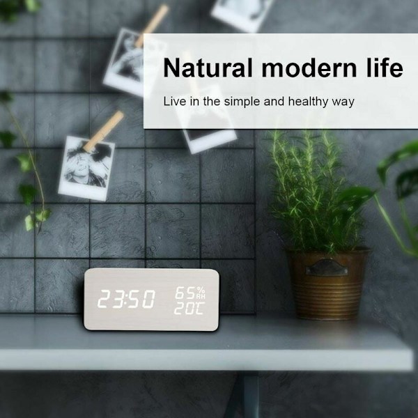 Digitalt ur, vækkeur med træ LED elektronisk tidsskærm, dobbelt temperatur- og fugtighedsmåling, ideel til soveværelse, børn om natten