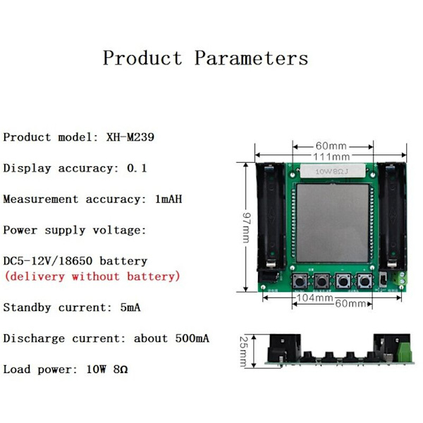 XH-M239 18650 Litiumbatteri Kapacitetstestare Modul med LCD-Skärm Hög Precision MaH/MwH Mätverktyg