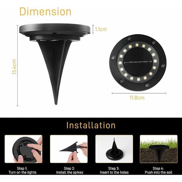 Sett med 6 innfelte solcelledspotlights 16 LED utendørs solcellelys hage, IP65 vanntett solcelle bakkelampe kald hvit for stibelysning terrasse gårdsplass