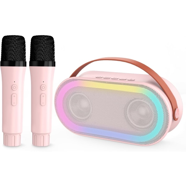 Mini karaokemaskine til børn med 2 trådløse mikrofoner, bærbar Bluetooth-højttaler til voksne med stereobas, med LED-lys, familiefest og