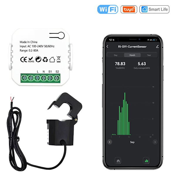 Mete Smart Energy Switch Tuya Smart Life Wifi Energianmittauslaite 80A Kw Virtamuuntajan Pihdeillä