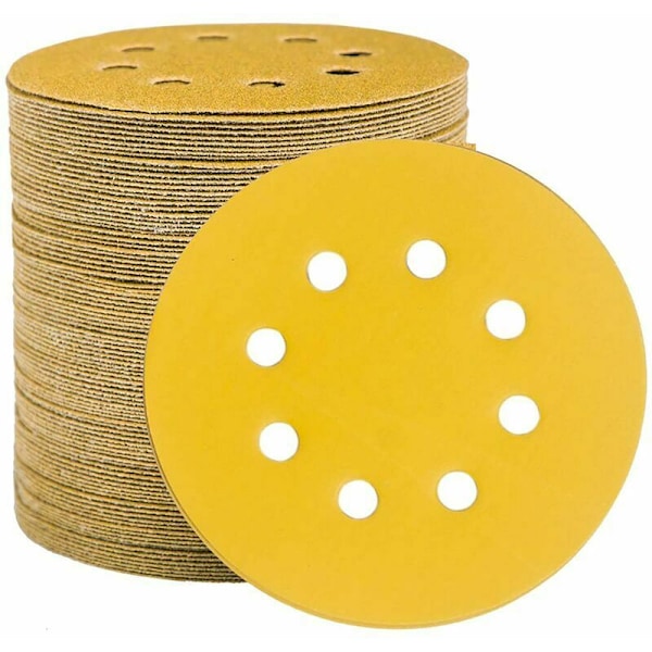 Sæt med 100 slibeskiver 125 mm velcro, slibeskiver 125 mm korn P800 8 huller guld, runde velcro slibeskiver, tilfældig orbital slibemaskine til blandet struktur