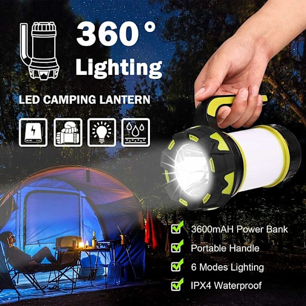 Laddningsbar LED-lykta, USB Laddningsbar LED Campinglykta Ficklampa 360° Belysning 6 Lägen, IP65 Vattentät Bärbar Hängande, För Camping, DIY