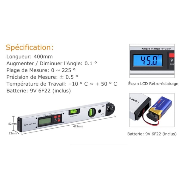 400mm/16 tommers 0 225° digitalt goniometer digitalt horisontalt vinkelmåler LCD-bakgrunnsbelysning horisontal vinkelmåler