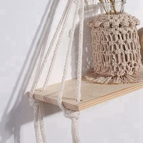 Veggmontert hylle, Boho-hyller med trehylle, 2 håndlagde makramehyller for hengende planter og dekor