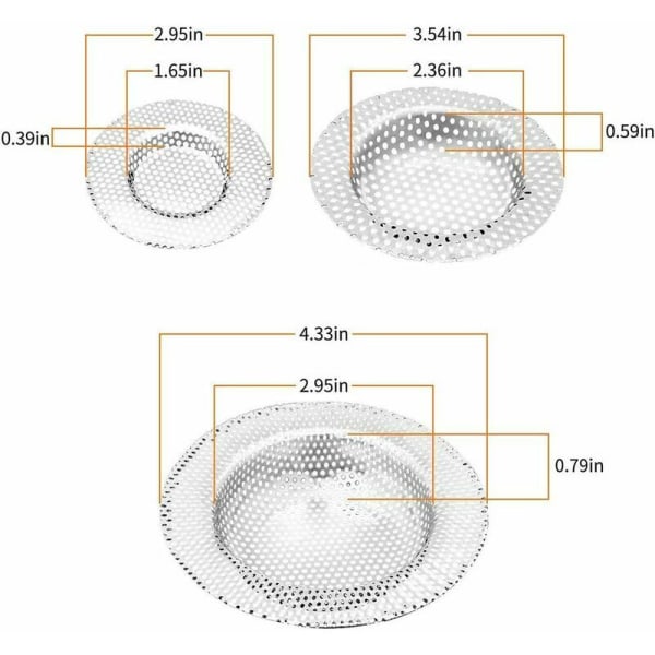 3 kpl keittiön tiskialtaan siivilää, tukkeutumaton ruostumattomasta teräksestä valmistettu tiskialtaan siivilä rei'illä, kestävät tiskialtaan viemärit, ihanteellinen keittiön tiskialtaaseen
