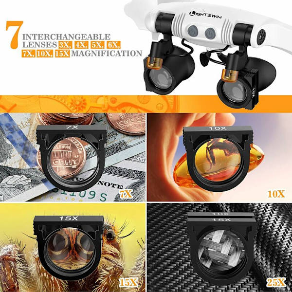 Huvudbandsförstoringsglas med LED-ljus, handsfree förstoringsglas med 2 LED-lampor utbytbara linser 3X 4X 5X 6X 7X 10X 15X för läsning hantverk
