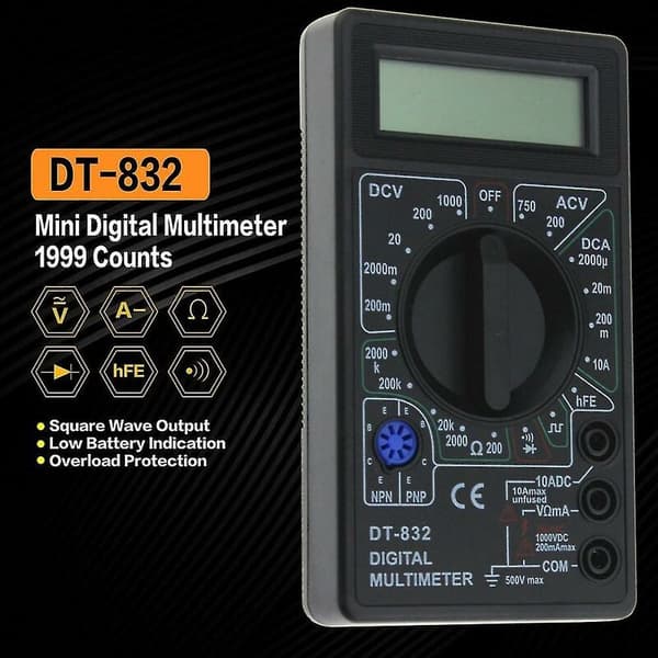 Dt-832 1999 Digitalt Multimeter Ac/Dc Ampere Tæller Volt Ohm Tester Voltmeter Amperemeter Multimeter Sort