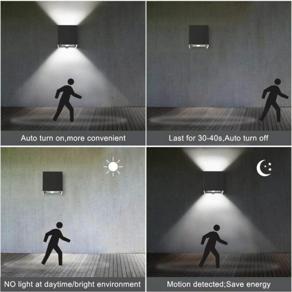 Utendørs vegglampe bevegelsessensor 12W LED veggbelysning, IP65, vegglyssensor for hage/korridor/sti, 6000K kald hvit, svart