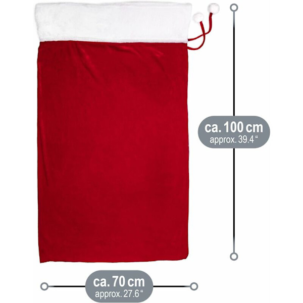 2x Julepose 70 x 100 cm Ædel fløjl med lang snor og hvide pomponer - Gavepose til julemandskostume og dekoration - Julesæk til at fylde (R
