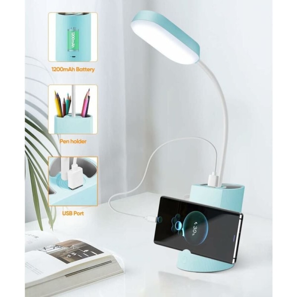 Lasten pöytälamppu, LED-pöytälamppu kosketushimmennettävä 3 kirkkaustasoa Uudelleenladattava eläinpöytälamppu langaton, kynäteline ja jalusta - sininen-