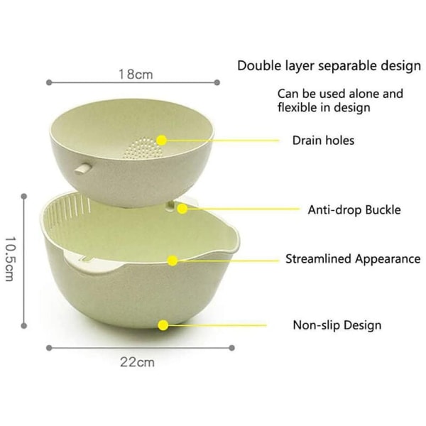 2-in-1 keittiösiivilä / siivilä ja kaksoispohjainen tyhjennysastia hedelmien ja vihannesten puhdistukseen, pesuun ja sekoitukseen, vihreä