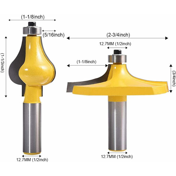 Set med 2 Handrälsfräsar - Standard/Flöjtskär - 1/2 tum Skaft - Trappor och Räcken