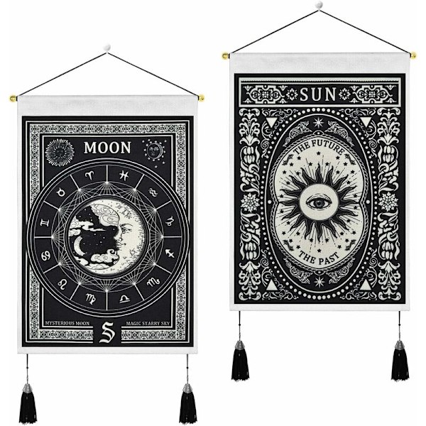 2 kpl Tarot-korttien pieniä seinävaatteita tupsuilla, keskiaikainen ennustaminen psykedeelinen seinävaate, kuu ja aurinko abstrakti mystiikka seinätaide