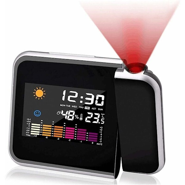 Projektionsväckarklocka, Färgskärm Kalender, Personlig Väderstation för Sovrum, Dimbar Projektor, Dubbel Alarm, LCD-Skärm, Datum, Tid, Temperatur