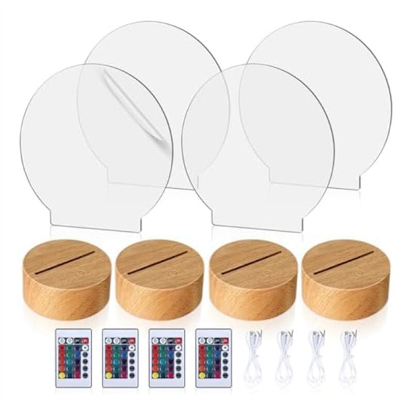 Transparenta Akrylplattor och 4 st 3D Träfärgade LED-Ljusbaser med Fjärrkontroll USB-Kabel DIY 16 Färger