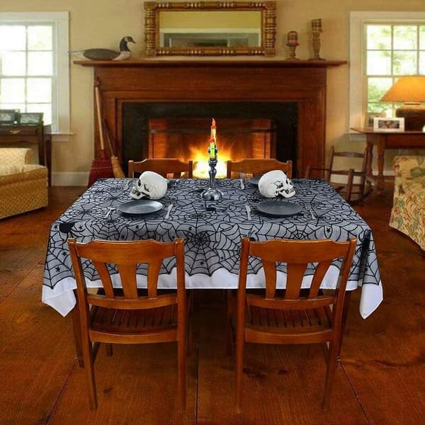 Halloween Rektangulær Blonde Edderkop Web Dug og Blonde Edderkop Web Pejs Mantel Sjal til Halloween Middage 2 Styk Sæt