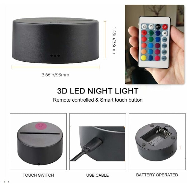 4x 3D Nattlampa LED-bas + Fjärrkontroll + USB-kabel Justerbar 7 Färger Dekorativa Ljus (4 st)