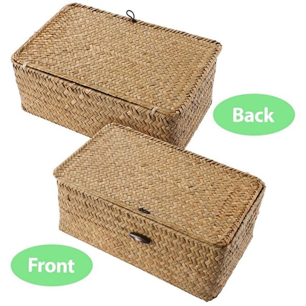 Rattan- ja Merilevästä Kudottu Säilytyskori, Käsintehty Monikäyttöinen Säiliö Kannella (10cm)