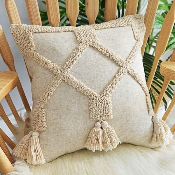 Boho Stil Tassel Bomuld Pudebetræk Beige Pudebetræk til Neutral Soveværelse Dekoration 1