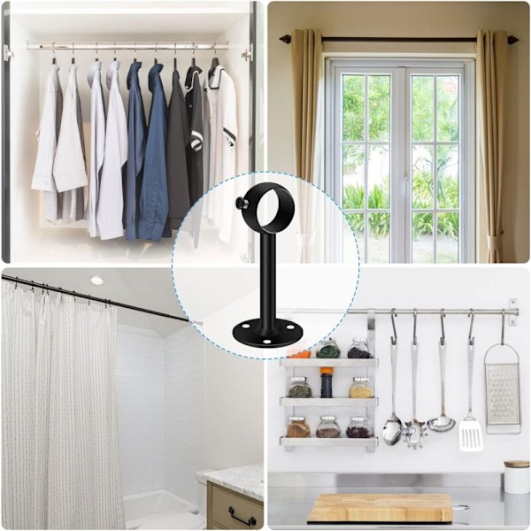 Sæt med 4 Loftgardinstangsbeslag, Sort - 25 mm - Robust Metal - til Gardinstang, Garderobe, Rustfrit Stål Loftgardinstangsbeslag