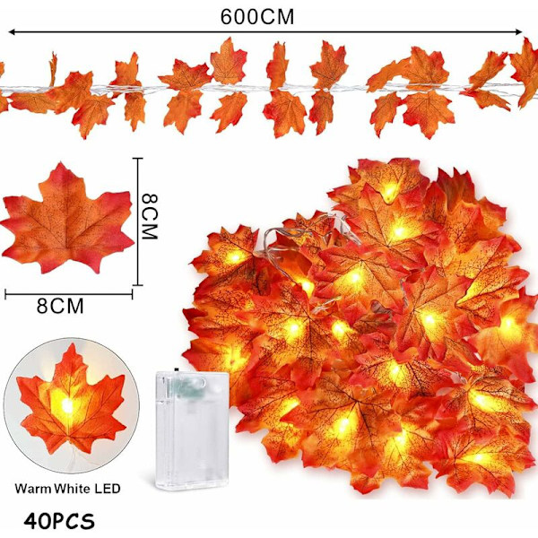 Lönnljus, 6M 40 LED Lönnlöv Strängljus, Lönnlöv Strängljus, Höststrängljus, för Thanksgiving, Halloween, Jul, Heminredning, Höst D