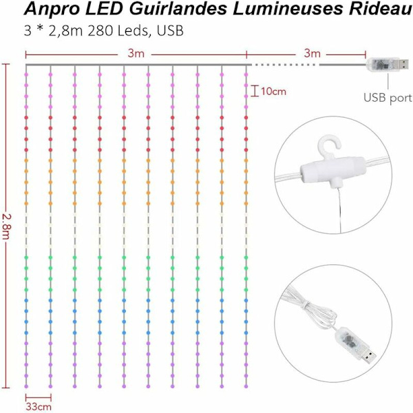 Färgglada Fönstergardiner med LED-ljusslingor 3×3M 280 Färgglada Ljusa LED-lampor 8 Ljuslägen, DC5V USB Fjärrkontroll Ljusgardin Inredningsdekoration för Jul