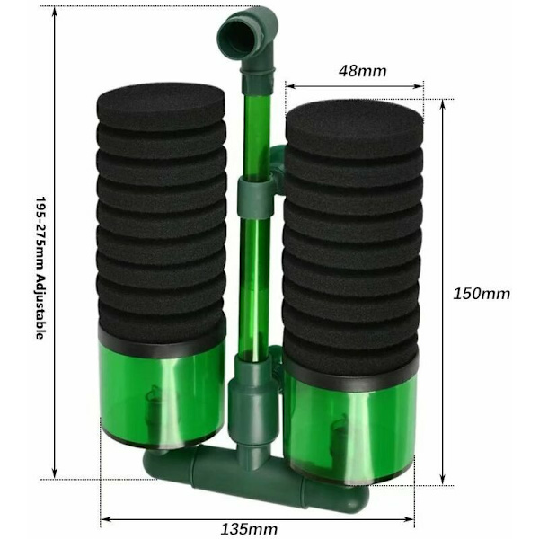 Livsakvariumfilter inneholder 2 svamper, 1 svampfilterholder, 2 sugekopper og 2 mediabokser, dobbelt akvariumsvamp luftpumpfilter egnet