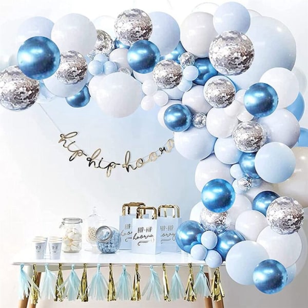 Blå ballongbågsgirlang set för babyshower 321 delar ballongbågsset med blå vita silver latexballongdekorationer