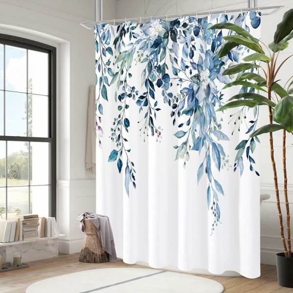 Blå Eucalyptus Duschdraperi, Akvarell Växtblad med Blommig Badrum Duschdraperi Set med Krokar, 72x72