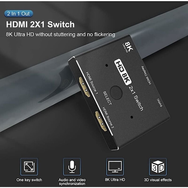 HDMI-kompatibel 2.1-switch splitter 8K KVM Ultra HD-switch 2 i 1 ut för bärbar dator 2 källor till 1 skärm