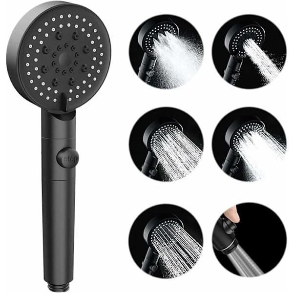 Øko Højtryks Bruseshowerhoved, 6 Sprøjtetilstande, Anti-kalk Bruseshowerhoved, Nem at Installere (Sort)