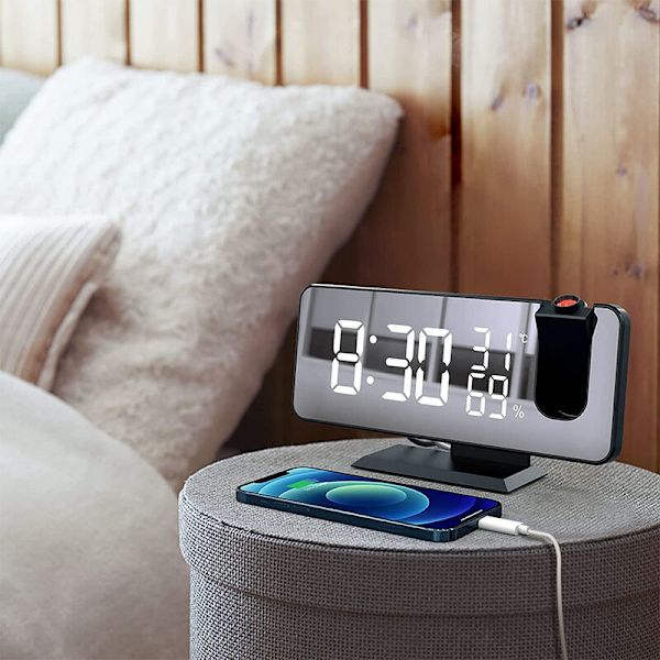 Projektionsväckarklocka för sovrumstak, digital väckarklocka med radio och USB-laddningsportar, LED-skärm, 4 dimmer, dubbel väckarklocka med