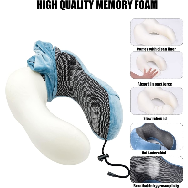 Travel Pillow 100% Pure Memory Foam kaulatyyny, pehmeä pääntukityyny, mukava hengittävä tyynyliina, sopii nukkumiseen ja lepoon (sininen)