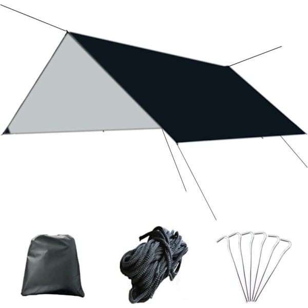 Regntæt presenning Vandtæt teltdug Vandretursly Fortelt Bærbar parasol Anti-UV Markise til camping Vandreture (02 Sort + Tilbehør)