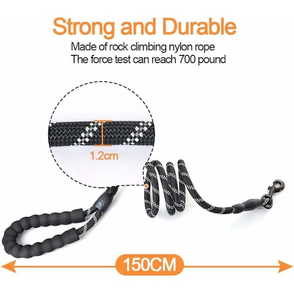 Høy kvalitet svart reflekterende 150 cm solid justerbar nylon hundeleie for store eller mellomstore hunder egnet for løping jogging fotturer (svart)
