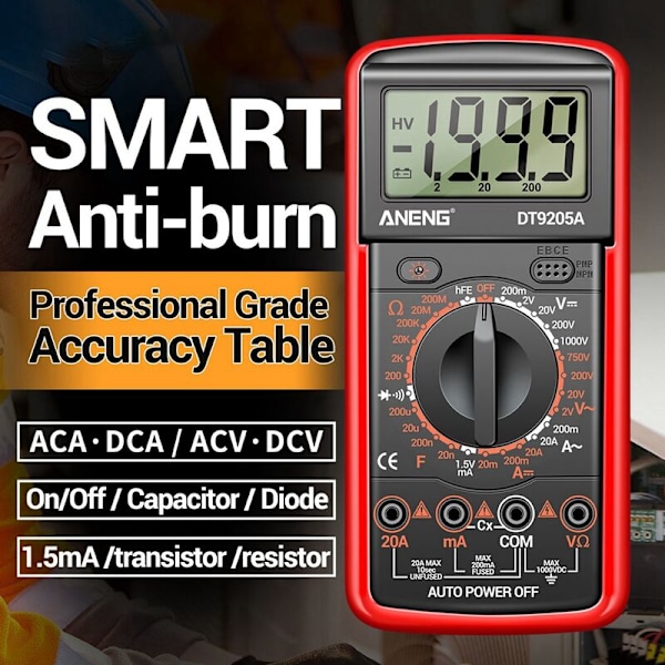 DT9205A Digital Multimeter AC/DC Transistor Tester NCV Elektrisk Testmeter Profesjonell Analog Auto Range Multimetro