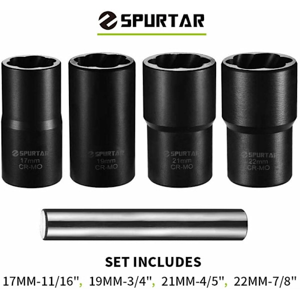 Sett med skrueuttrekkere, 5 stk. vridd sokkel for å fjerne hjulmuttere 17 mm, 19 mm, 21 mm og 22 mm - DENUOTOP