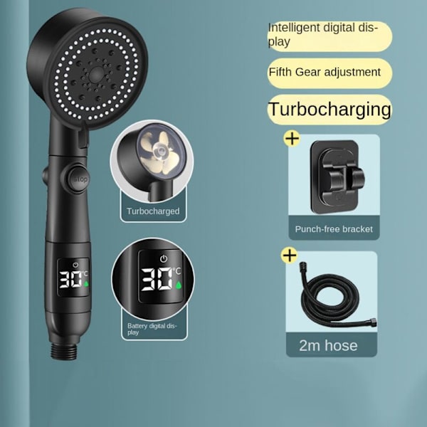 Duschhuvud med 5 lägen, justerbar temperatur, digital LED-display, uppgraderad motorversion, turboladdad regnspraymunstycke