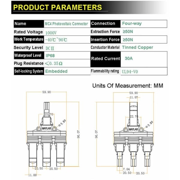 M-C-4-kontakt, hane/hona solpanel T-kontakt M-C-4 PV grenuttag parallellklämma plugg solenergiadapter splitter koppling kombinerare (M/3F, F/3M)