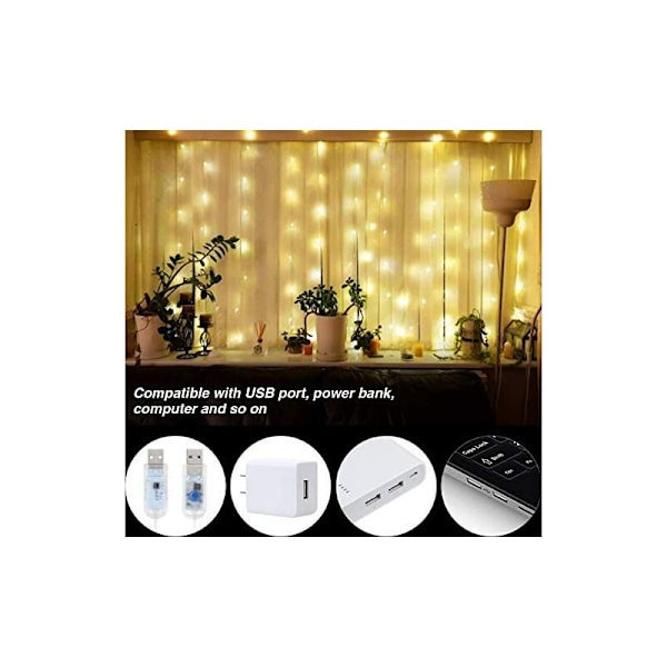 Gardiner Ljus 3 × 3M 300 LED 8 Belysningslägen, USB Fjärrkontroll Gardiner Ljus Fönsterdekoration, Inomhus för Jul, Bröllop, Hem, Patio-Varm