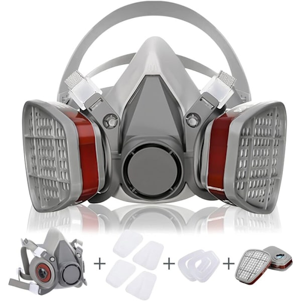 Ansiktsmaskset med 2 filter/2 lådor/2 filterbomull, återanvändbar damm-/partikel-/ång-/gasbeständig, för sprutning/målning/industri/jordbruk, grå