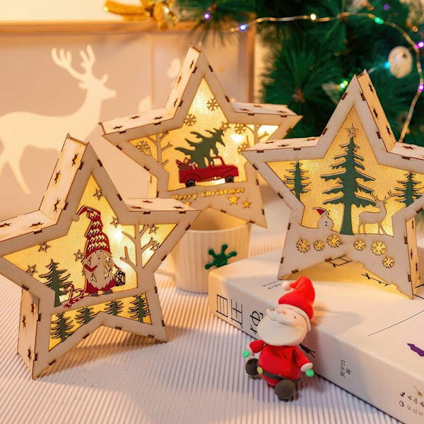 Juldekoration för Fönster, 3 st Julstjärnor med Ljus, LED Träbelyst Juldekoration, Trähängande Ornament för Julgran, DI