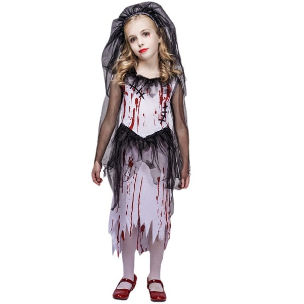 Halloween kauhu veren tahraama pikkutyttö kummitus morsian puku cosplay lavaleikki juhlapuku (10-12 vuotiaille)