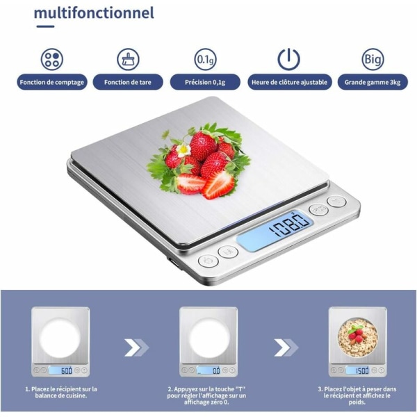 Digital kjøkkenvekt USB oppladbar 3kg/0.1g Digital bakevekt, presis elektronisk vekt rustfritt stål veiebord brett, Tare-Ens